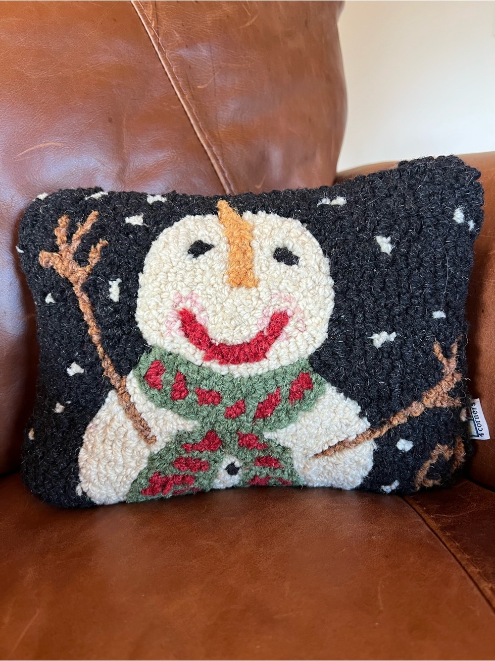 Hooked Snowman Holiday Pillow in Black, Cream & Green